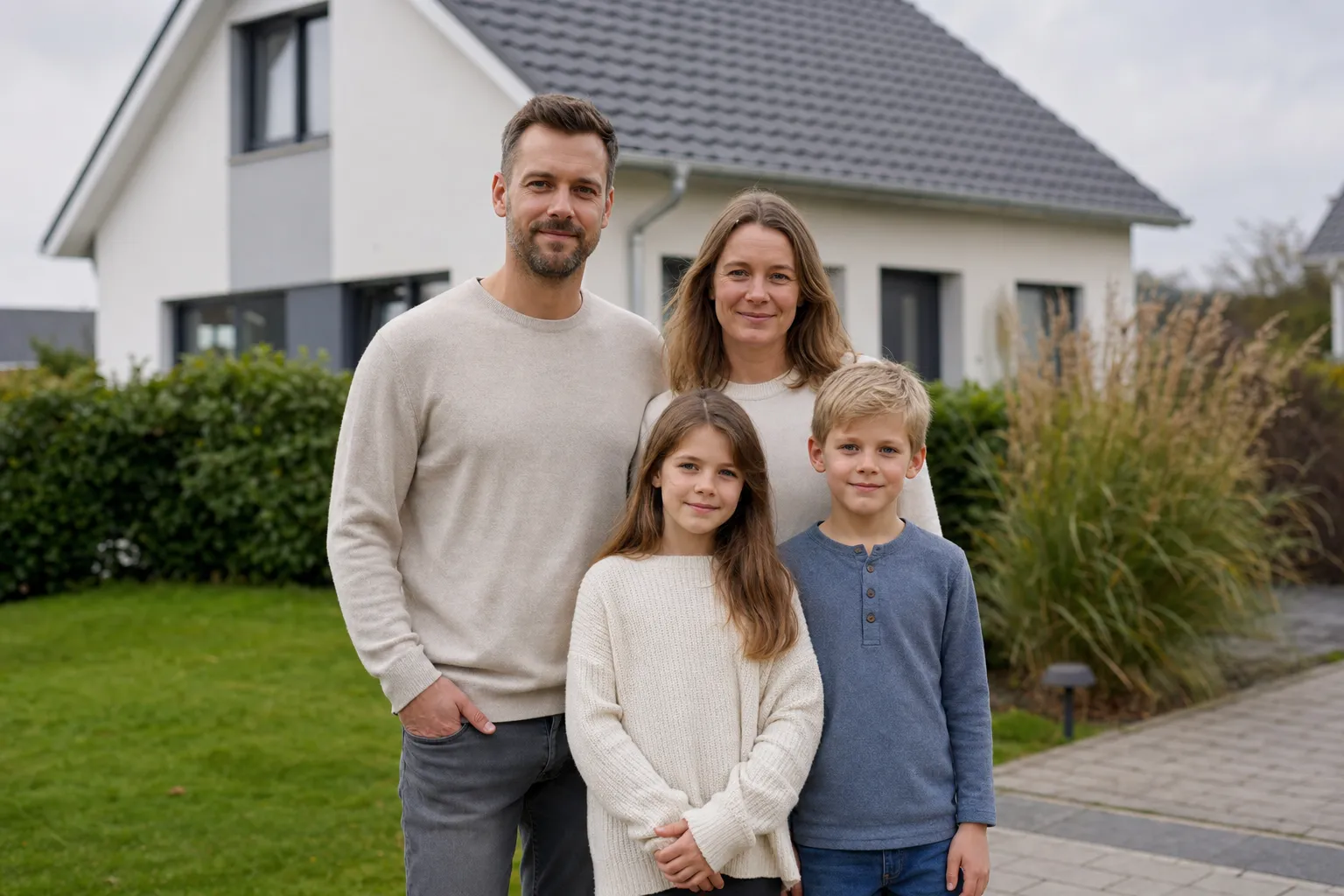 Familie vor ihrem Wohnhaus — Privatkunden im Wohnbereich
